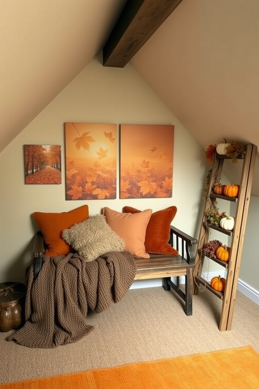 A cozy attic space adorned with autumn-themed wall art featuring warm hues of orange and gold. The walls are decorated with prints of falling leaves and harvest scenes, creating a welcoming atmosphere. Soft, textured blankets and cushions in earthy tones are scattered across a vintage wooden bench. A rustic ladder displays small pumpkins and seasonal decorations, enhancing the fall aesthetic.