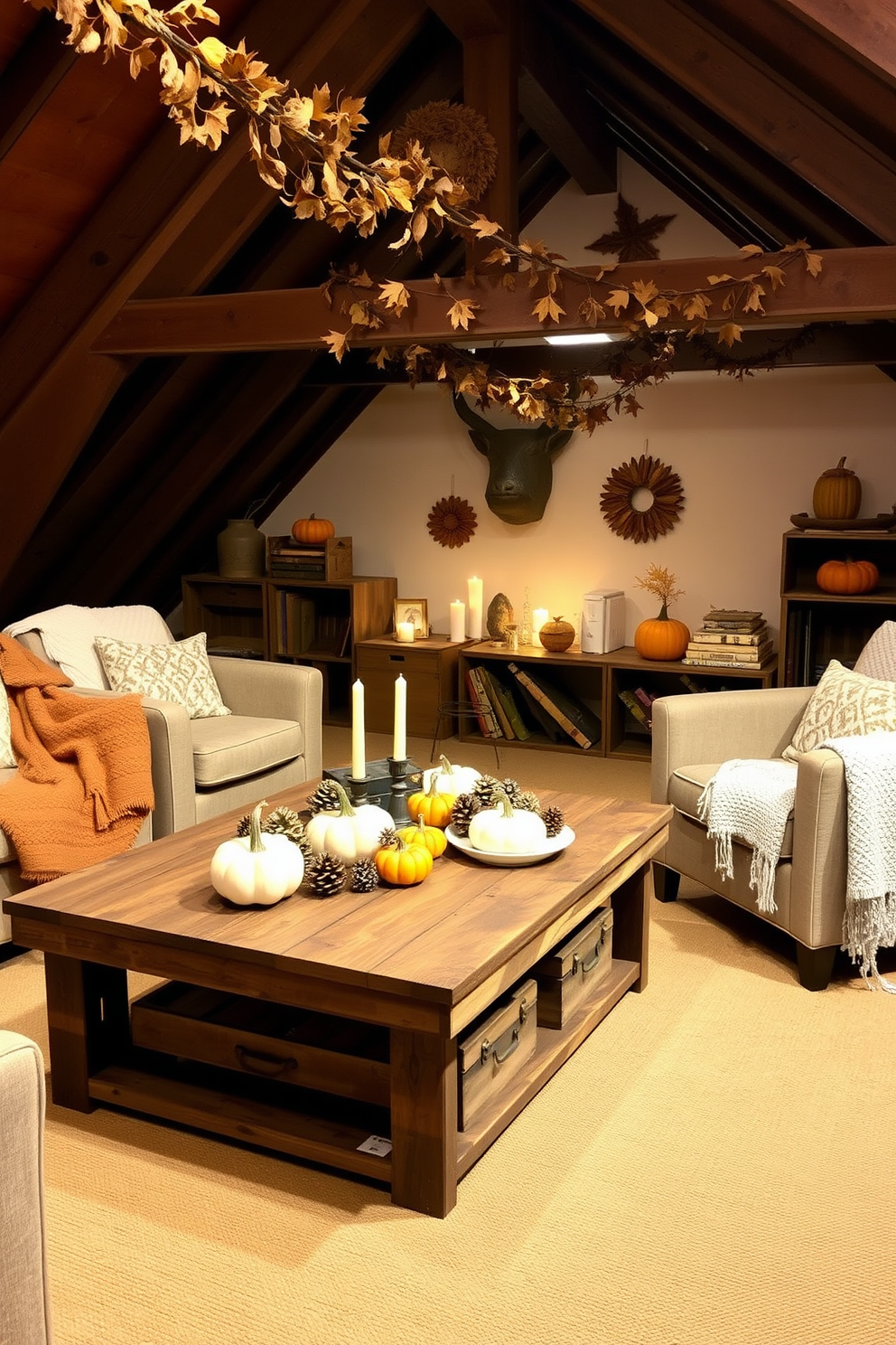 A cozy attic space adorned with warm wooden beams and soft lighting. Woven baskets are strategically placed around the room for organizing throws, adding both functionality and texture to the decor. The walls are painted in a soft beige hue, creating a welcoming atmosphere. Seasonal decorations, such as autumn leaves and small pumpkins, are artfully arranged on shelves to enhance the fall theme.