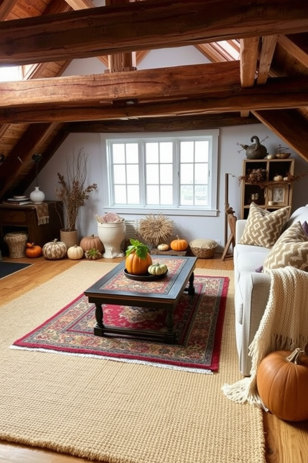 Layered rugs for added texture. A large jute rug serves as the base, topped with a smaller, colorful Persian rug to create depth and warmth in the living room. Fall attic decorating ideas. The attic is adorned with rustic wooden beams and cozy throw blankets, complemented by autumn-themed decor such as pumpkins and dried leaves.