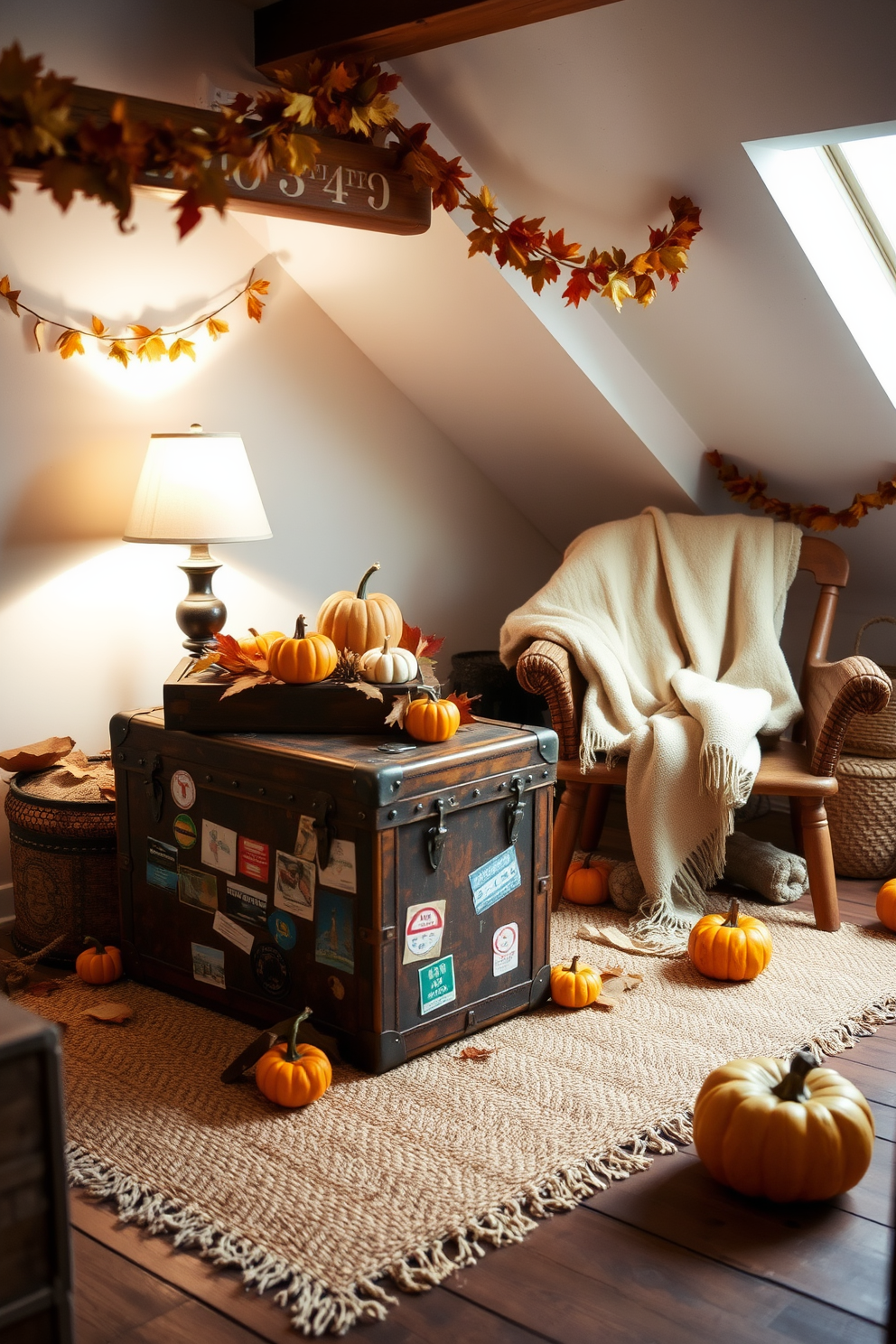 A vintage trunk serves as both a charming storage solution and a decorative piece in the attic. It is adorned with travel stickers and sits atop a woven rug, surrounded by soft, ambient lighting from a nearby lamp. The attic is decorated with warm autumn hues, featuring garlands of dried leaves and small pumpkins scattered throughout the space. Cozy blankets are draped over a rustic chair, inviting relaxation in this seasonal retreat.