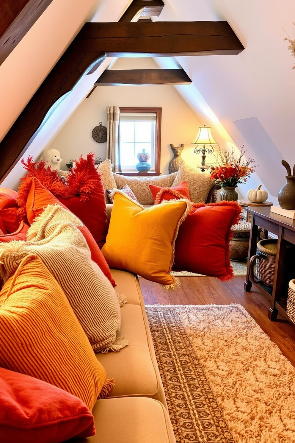 Cozy seating area adorned with fall colored throw pillows in rich shades of orange, red, and yellow. The pillows are arranged on a plush sofa, inviting warmth and comfort to the space. Charming attic space transformed into a cozy retreat with soft lighting and rustic decor. Exposed wooden beams and a plush area rug enhance the inviting atmosphere, creating a perfect nook for relaxation.