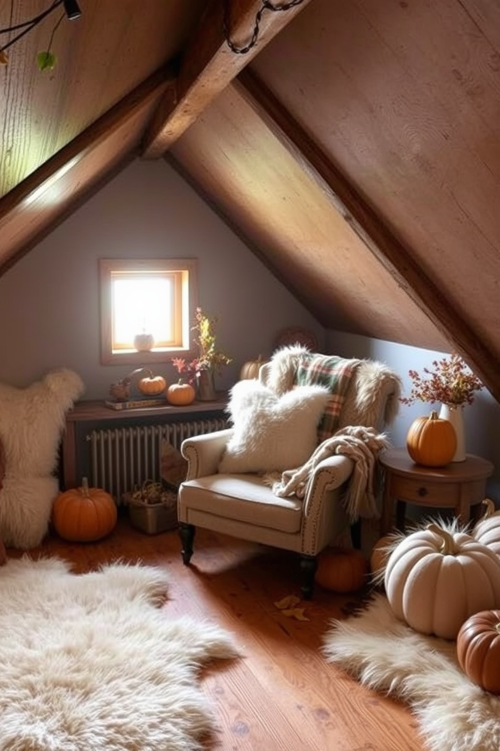 A cozy attic space is transformed with faux fur accents that add warmth and comfort. Plush faux fur rugs are layered on wooden floors, while throw pillows and blankets in soft textures adorn a vintage armchair. Natural light filters through a small window, illuminating the rustic beams and creating a welcoming atmosphere. Earthy tones and seasonal decor enhance the fall theme, with pumpkins and autumn leaves artfully arranged throughout the space.