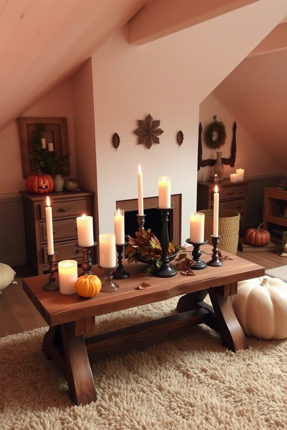 A cozy attic space decorated for fall featuring seasonal candles in varied heights arranged on a rustic wooden table. The walls are adorned with warm-toned decorations and the floor is covered with a soft, textured rug that complements the autumn theme.