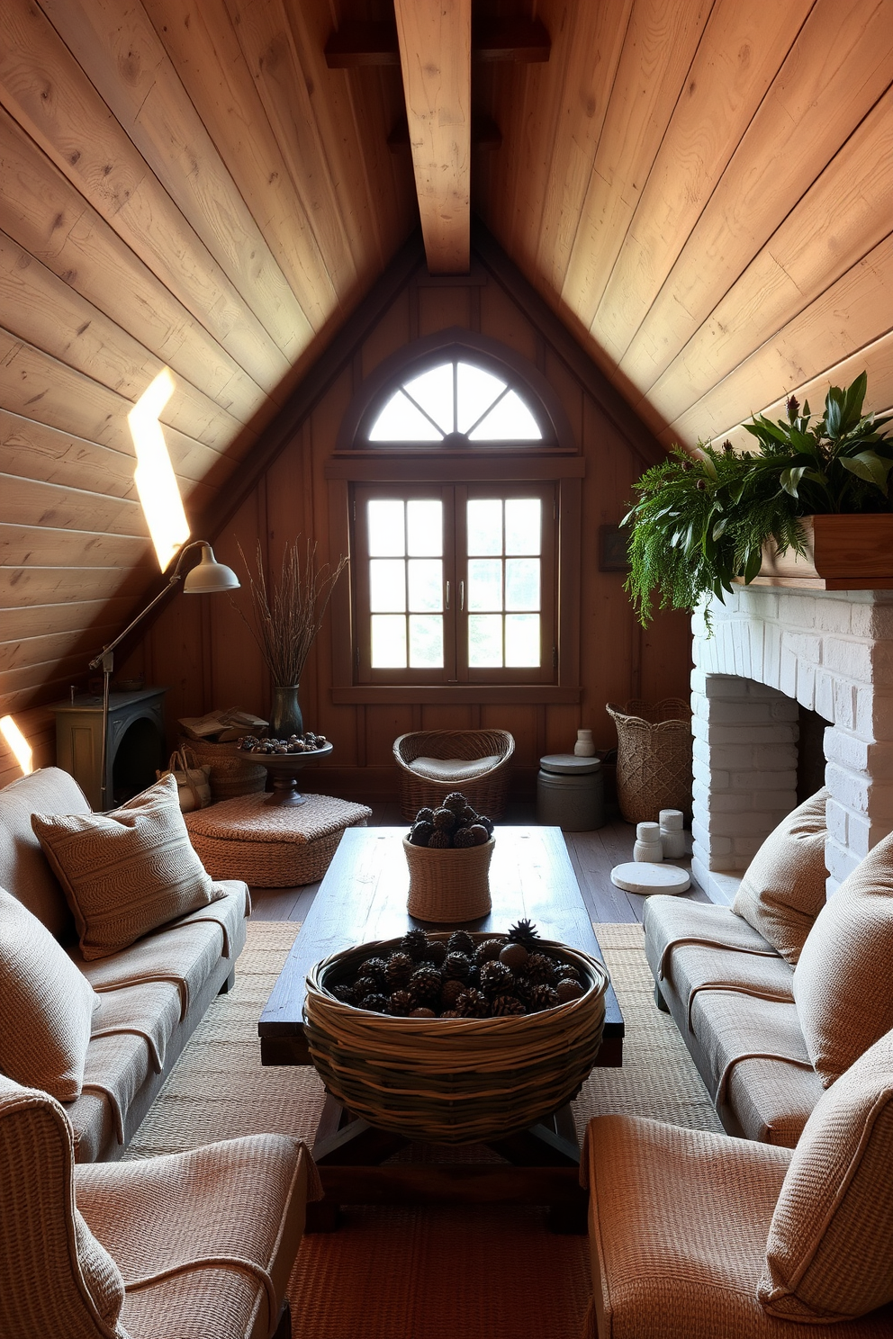 A cozy attic space filled with natural elements like pinecones and leaves. The walls are adorned with wooden beams, and a large window allows natural light to filter in, highlighting the earthy tones of the decor. A rustic wooden table sits in the center, surrounded by comfortable seating made from natural fibers. Decorative accents include a woven basket filled with pinecones and a garland of leaves draped along the mantelpiece.