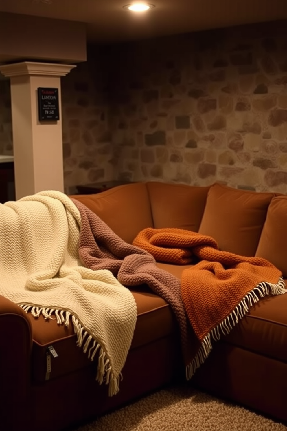 A cozy basement retreat featuring a spacious sectional sofa adorned with soft, textured throw blankets in warm earth tones. The space is illuminated by soft ambient lighting, creating an inviting atmosphere perfect for relaxation.