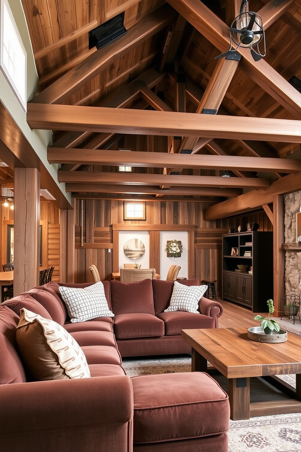 A cozy basement door adorned with a fall-themed wreath made of colorful autumn leaves, pinecones, and small pumpkins. The warm hues of orange, red, and yellow create a welcoming atmosphere as you enter the space. Inside the basement, rustic decorations such as plaid throw blankets and wooden accents enhance the fall ambiance. Soft lighting from string lights and candles adds a touch of warmth, making the area perfect for gatherings.