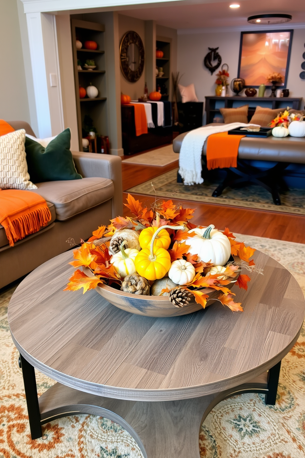 A cozy living room featuring a coffee table adorned with harvest-themed centerpieces. The centerpieces include small pumpkins, gourds, and autumn leaves arranged in a rustic wooden bowl. A warm and inviting basement designed for fall gatherings. The decor includes plush seating, warm blankets, and accents of deep orange and gold throughout the space.