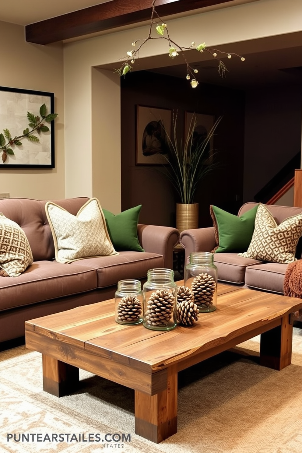 A cozy basement retreat inspired by nature. The space features a warm color palette with earthy tones, showcasing natural elements like pinecones and leaves integrated into the decor. A comfortable seating area includes a plush sofa adorned with throw pillows in shades of green and brown. A rustic coffee table made of reclaimed wood sits in the center, surrounded by decorative accents like glass jars filled with pinecones.