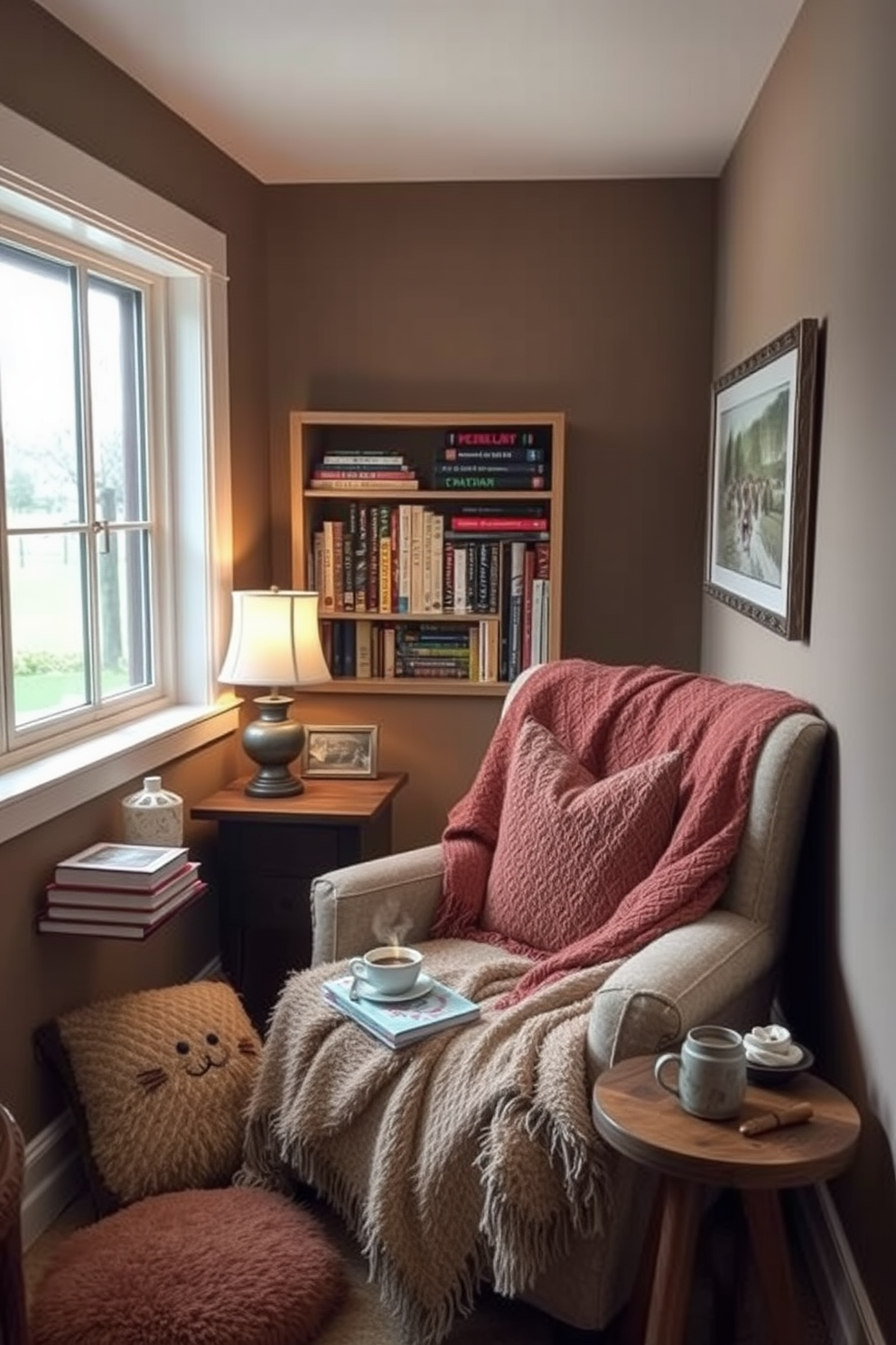 A cozy basement space featuring vintage wooden crates used for both storage and decor. The crates are stacked in various arrangements, filled with soft blankets and decorative items, creating a warm and inviting atmosphere.