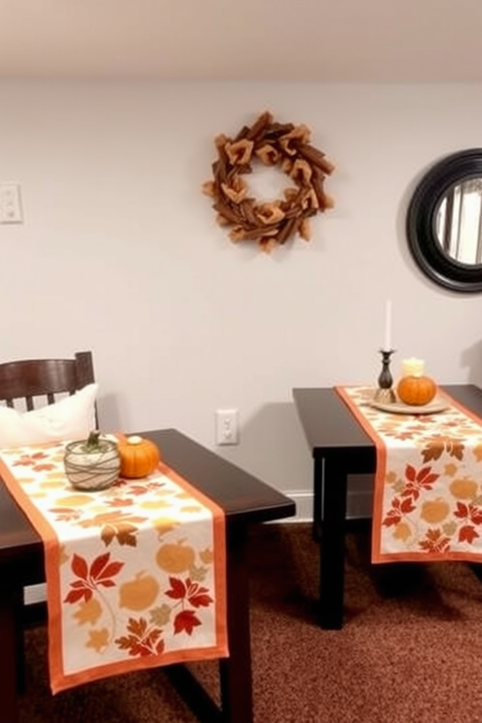 A cozy basement space designed for fall gatherings. The side tables are adorned with seasonal table runners featuring warm autumn colors and leaf patterns, complemented by decorative pumpkins and candles.