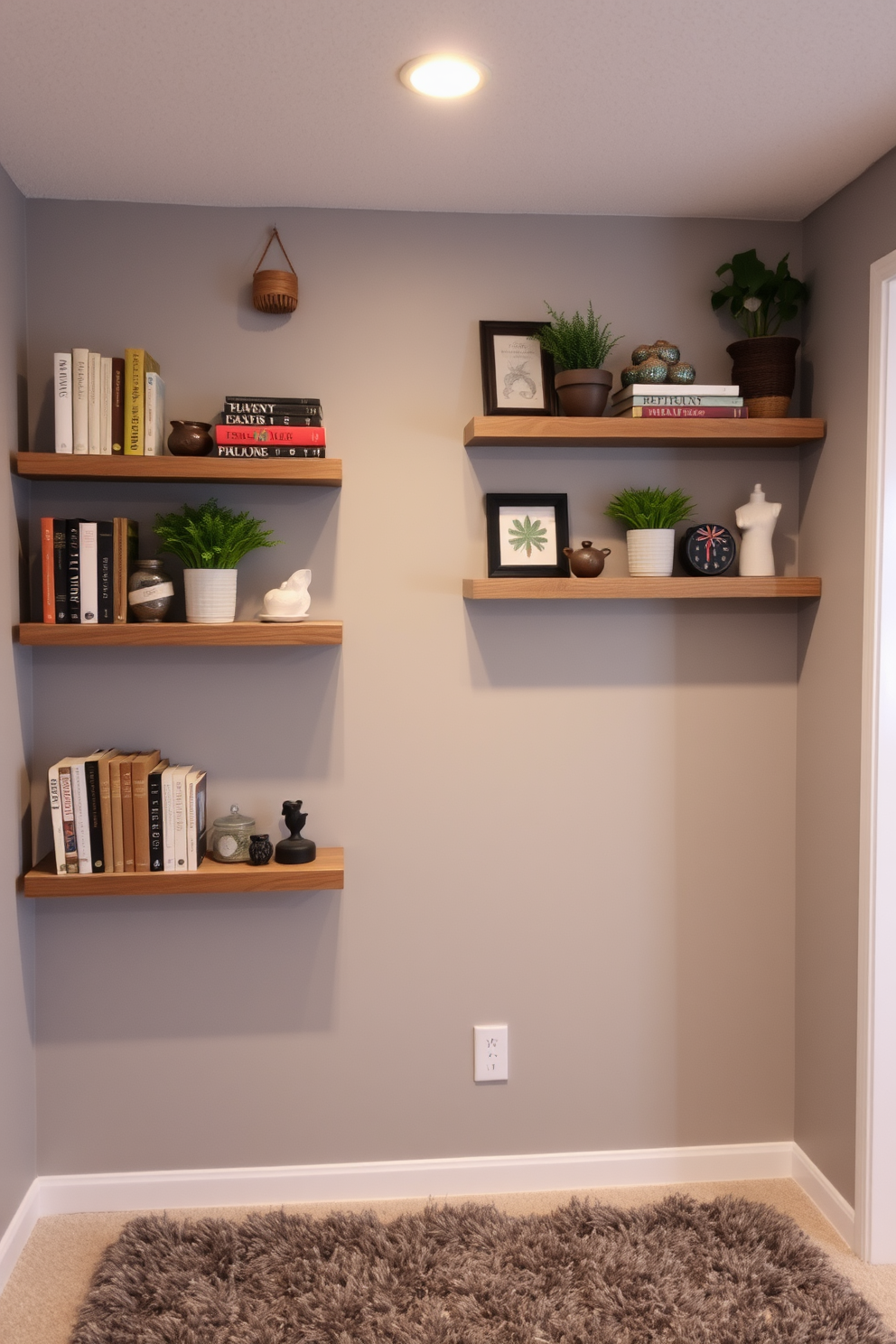 A cozy basement space featuring wall-mounted shelves adorned with decorative displays. The shelves are made of reclaimed wood and showcase an array of books, plants, and unique trinkets. The walls are painted in a soft gray tone, creating a warm and inviting atmosphere. A plush area rug lies on the floor, adding texture and comfort to the overall design.