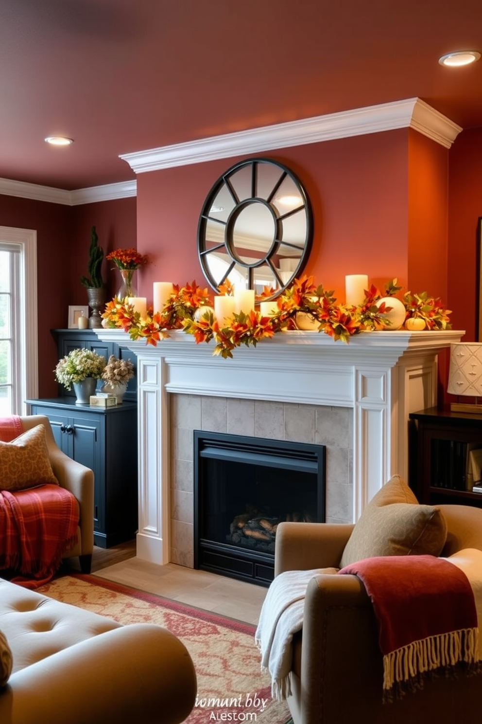 Create a cozy basement space decorated for autumn. The room features rich, warm colors with autumn-inspired garlands draped elegantly across the mantel, complemented by plush seating and soft throw blankets.