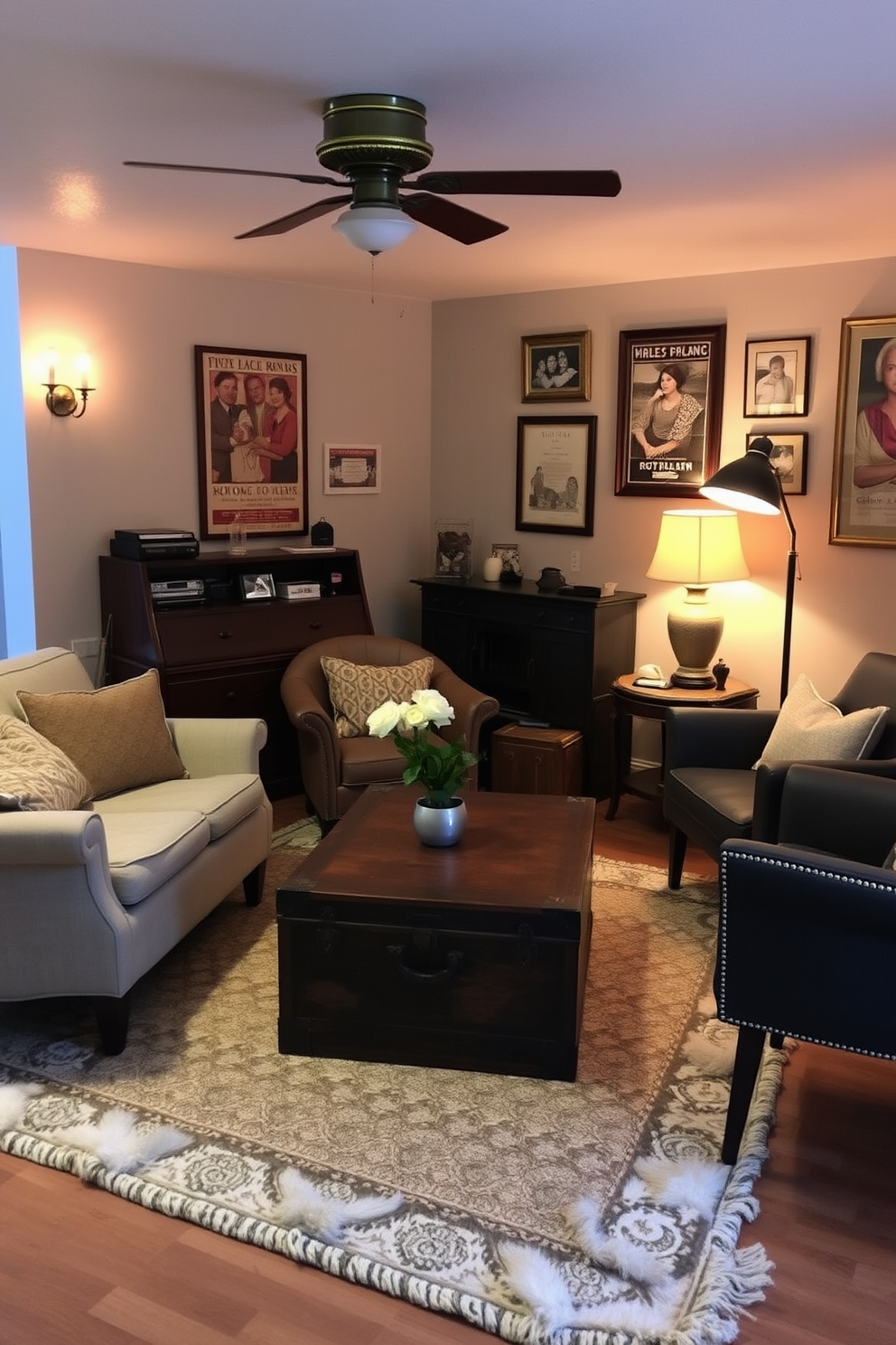 Wall-mounted shelves adorned with autumn-themed decor create a warm and inviting atmosphere in the basement. The shelves feature an assortment of pumpkins, dried leaves, and cozy candles, enhancing the seasonal charm of the space. The backdrop is painted in a soft beige, complementing the rich hues of the fall decorations. A plush throw blanket drapes over the edge of a nearby chair, inviting relaxation and comfort.