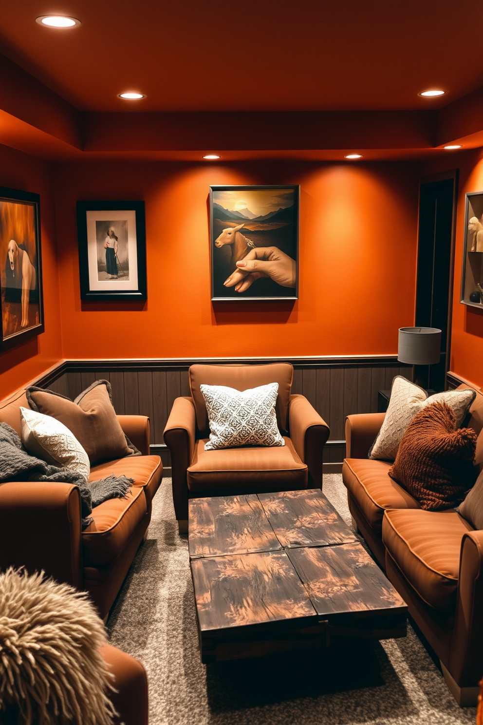 A cozy basement space designed with a warm color palette featuring rich oranges and deep browns. Plush seating arrangements invite relaxation, accompanied by soft throw blankets and textured cushions for added comfort. The walls are adorned with artwork that complements the warm tones, creating a welcoming atmosphere. Ambient lighting highlights the cozy features, while a rustic coffee table adds a touch of charm to the inviting setting.