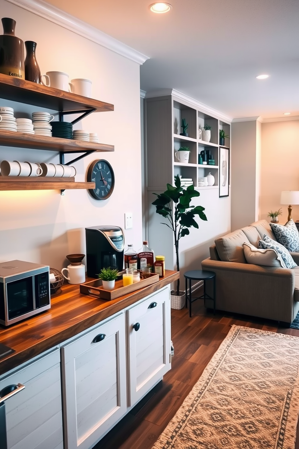 A cozy hot beverage station is designed in a corner of the kitchen. It features a rustic wooden countertop with a stylish coffee maker and an assortment of mugs displayed on open shelves. The area is adorned with warm lighting, creating an inviting atmosphere. A decorative tray holds various teas, coffees, and sweeteners, complemented by a small potted plant for a touch of greenery. The basement is transformed into a stylish entertainment space with comfortable seating. Soft lighting and warm colors create a welcoming ambiance, while a large area rug adds texture and warmth to the room.