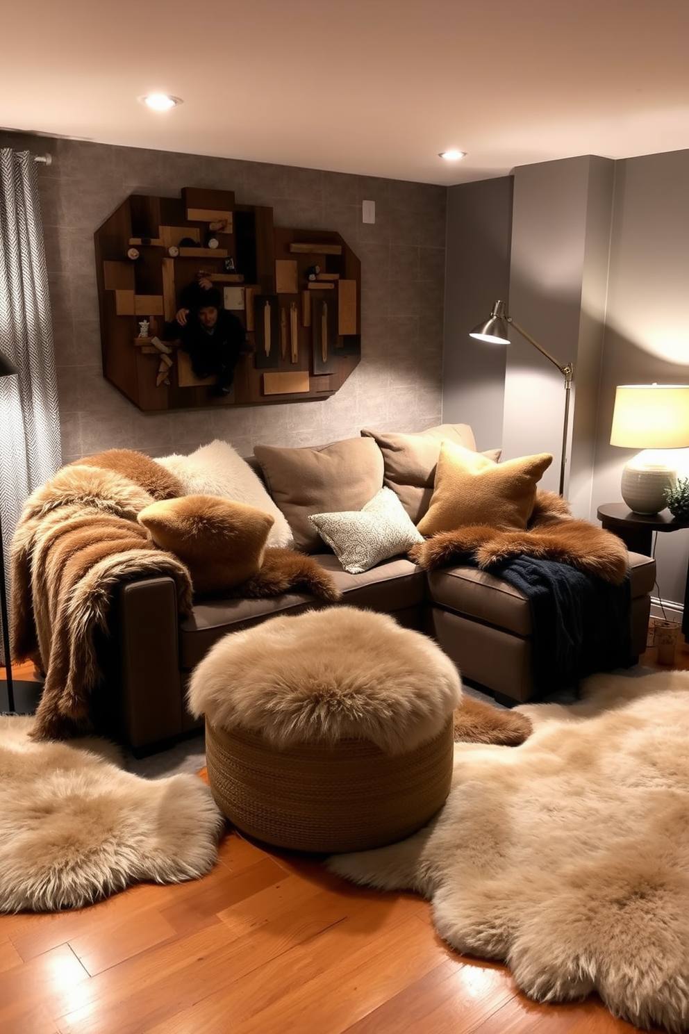 A cozy basement retreat featuring faux fur accents throughout the space. Plush faux fur throw blankets are draped over a deep sectional sofa paired with oversized pillows in warm, earthy tones. Soft faux fur rugs are layered on hardwood floors, adding warmth and texture underfoot. Ambient lighting from stylish floor lamps enhances the inviting atmosphere, perfect for relaxation during fall evenings.