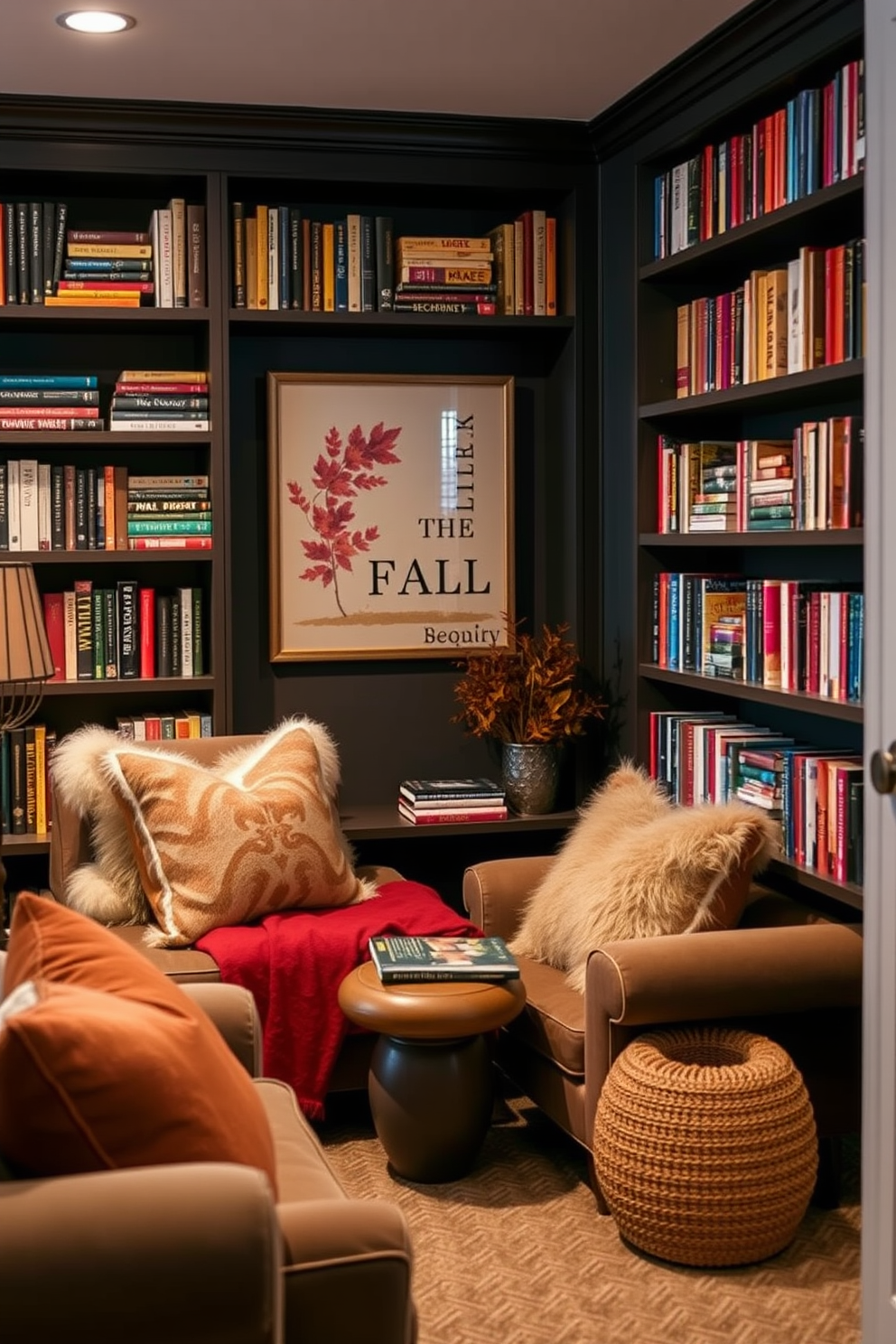 A cozy basement space designed for fall gatherings. The table is adorned with a seasonal table runner featuring warm autumn colors and leaf patterns, complemented by rustic wooden accents. Surrounding the table are plush chairs with soft cushions, inviting guests to sit and enjoy the ambiance. Soft, ambient lighting creates a warm and inviting atmosphere, perfect for cozy evenings.