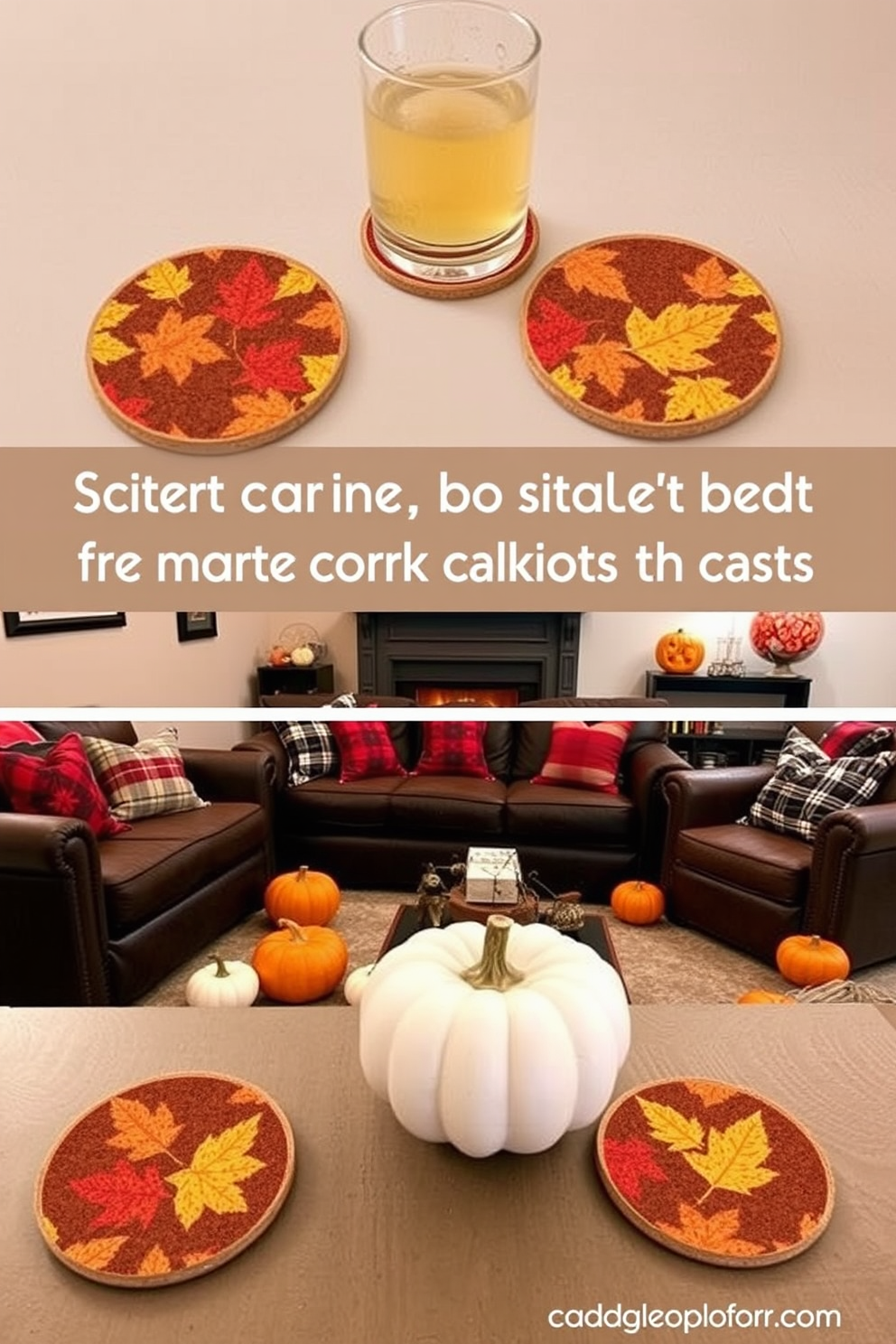 Autumn-themed coasters for drinks. They are made of cork with vibrant leaf patterns in shades of orange, red, and yellow, perfect for adding a seasonal touch to any gathering. Fall basement decorating ideas. The space features warm lighting, cozy seating with plaid throws, and decorative pumpkins scattered throughout, creating an inviting atmosphere for relaxation and entertainment.