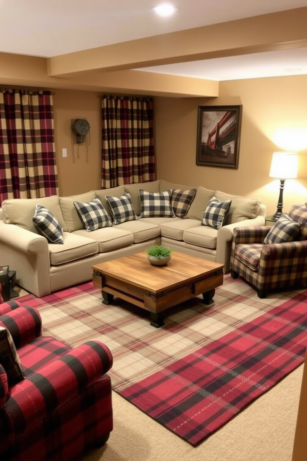 A cozy basement retreat featuring plaid patterns throughout the decor. The walls are painted a warm beige, and a large plaid area rug anchors the seating area with a plush sectional sofa adorned with plaid throw pillows. A rustic coffee table made of reclaimed wood sits at the center, surrounded by plaid upholstered armchairs. Soft lighting from vintage-style lamps creates an inviting atmosphere, enhancing the charm of the plaid accents in the space.