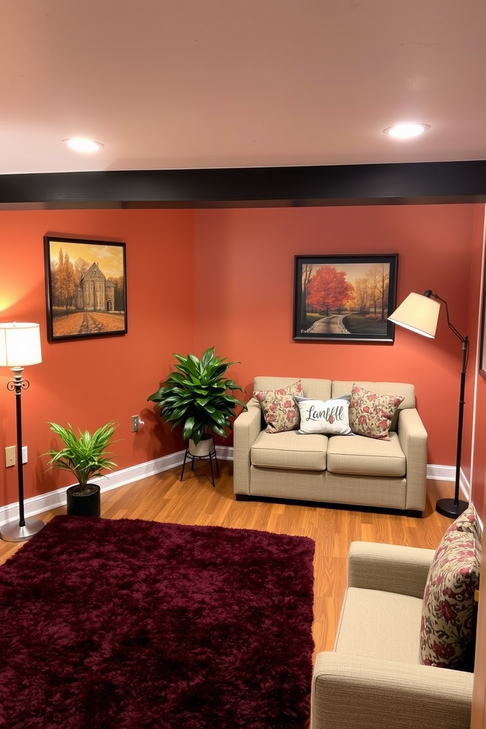 A cozy basement retreat designed for fall. The space features warm-toned walls adorned with autumn-themed artwork, and a plush area rug in rich burgundy covers the wooden floor. In one corner, a small indoor plant adds a touch of greenery, complementing the seasonal decor. Soft lighting from stylish floor lamps creates an inviting atmosphere perfect for relaxation.