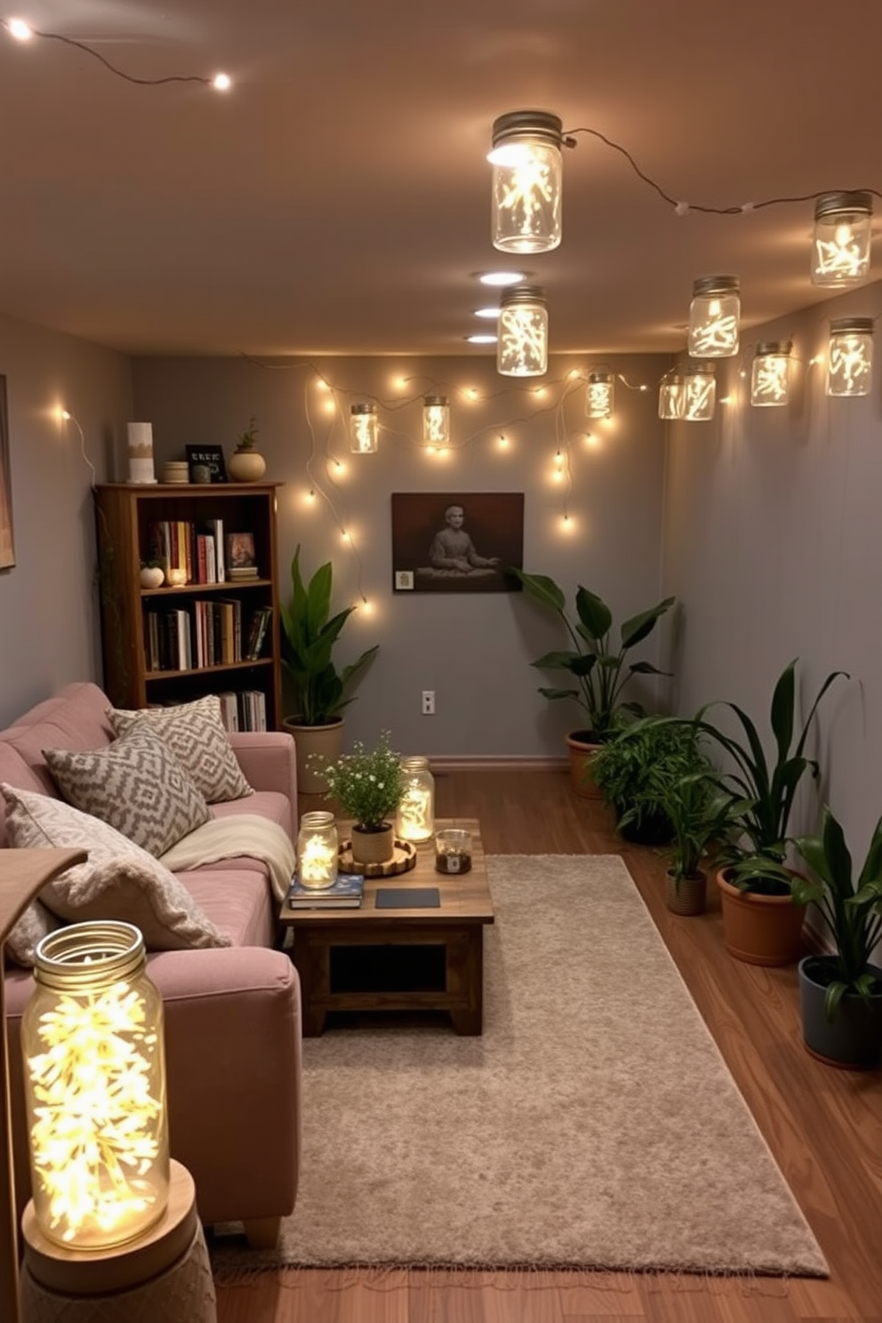 A cozy basement space adorned with various jars filled with warm glowing fairy lights creates a magical atmosphere. The walls are painted in soft gray, and plush seating is arranged around a rustic wooden coffee table. In one corner, a small bookshelf displays an assortment of books and decorative items, while a large area rug adds warmth underfoot. Potted plants are strategically placed to bring a touch of nature indoors, enhancing the inviting ambiance.