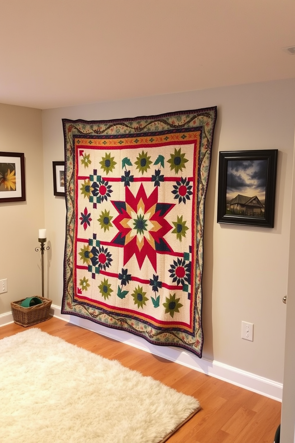 A stylish storage area designed for seasonal items in a cozy basement. The space features built-in shelving with warm wood finishes and decorative baskets to neatly organize fall decor. Soft lighting illuminates the area, creating an inviting atmosphere. A plush area rug adds comfort underfoot, while wall art reflects autumn themes to enhance the seasonal feel.