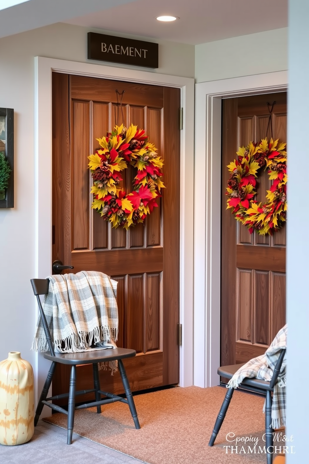 A charming basement entrance features rustic wooden doors adorned with vibrant seasonal wreaths made of autumn leaves and pinecones. The surrounding decor includes cozy blankets draped over a nearby chair and warm lighting that creates an inviting atmosphere.