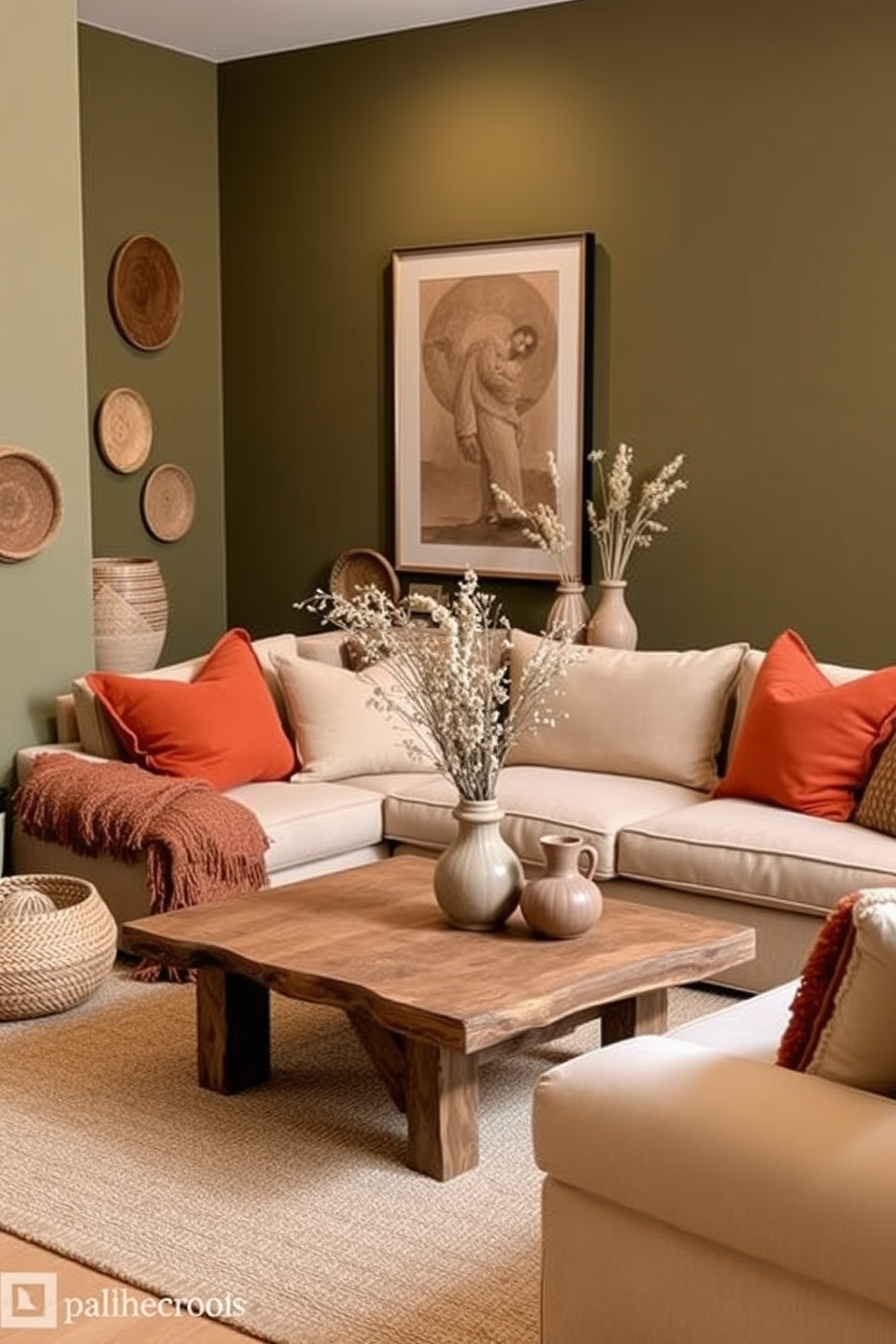 A cozy basement retreat featuring earthy tones throughout the decor. Soft beige and warm terracotta cushions adorn a plush sectional sofa, while a rustic wooden coffee table sits at the center. The walls are painted in a deep olive green, creating a warm and inviting atmosphere. Decorative accessories like woven baskets and ceramic vases filled with dried flowers enhance the earthy aesthetic.