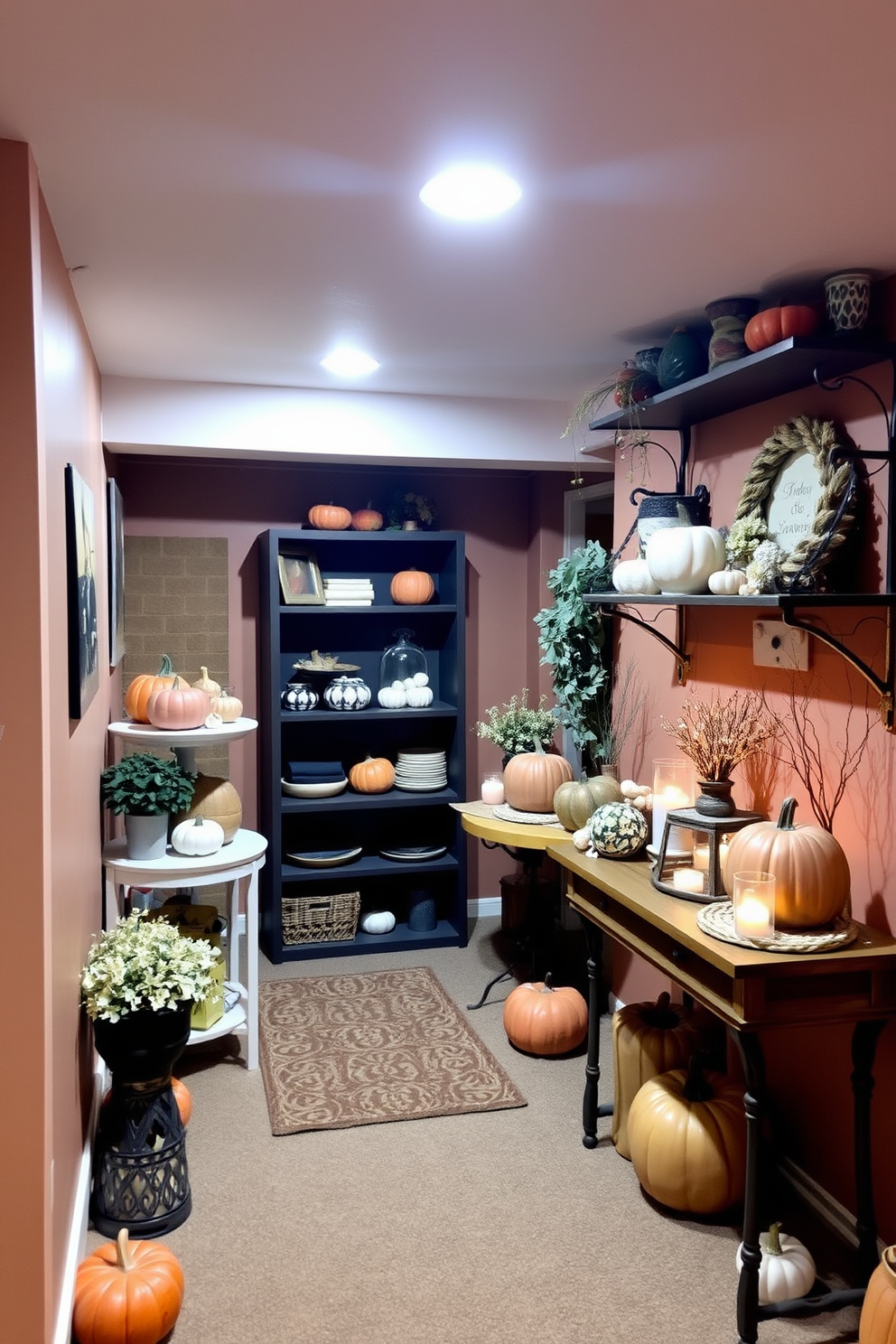 A cozy basement space featuring layered lighting with soft lamps strategically placed throughout the room. The walls are painted in a warm neutral tone, and a plush area rug is centered on the floor, inviting relaxation. A comfortable sectional sofa is adorned with textured throw pillows, creating a welcoming atmosphere. Shelves lined with books and decorative items add personality to the space, while a coffee table with a unique design anchors the seating area.