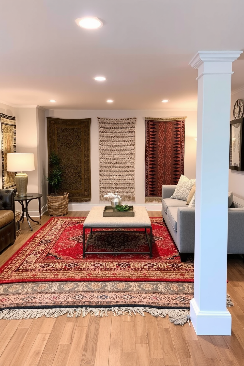 A cozy basement retreat featuring layered rugs in various textures and colors to create warmth and visual interest. The space is styled with comfortable seating, a coffee table, and soft lighting to enhance the inviting atmosphere.