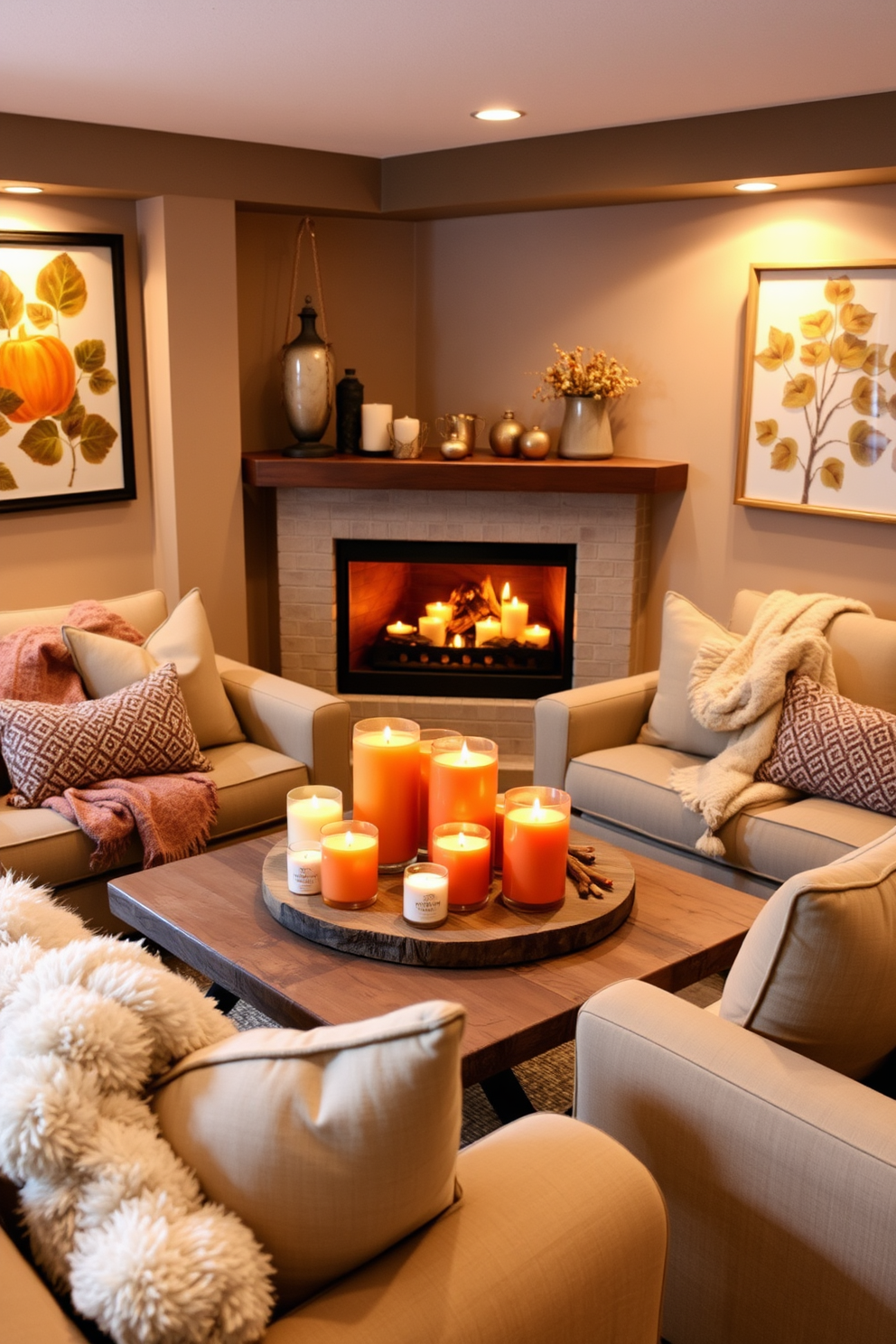 A cozy basement space adorned with candles in assorted fall scents. The warm glow of flickering candlelight creates an inviting atmosphere, complemented by autumn-themed decor.