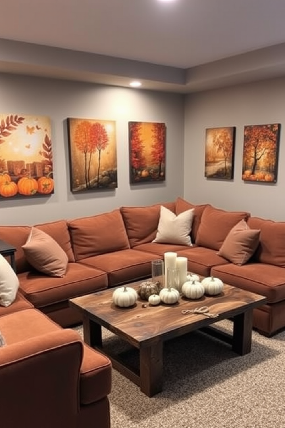 A cozy basement space adorned with fall-themed artwork on the walls. The artwork features warm autumn colors and nature-inspired designs, creating an inviting atmosphere. The furniture includes a plush sectional sofa in earthy tones, complemented by soft throw pillows. A rustic coffee table made of reclaimed wood sits at the center, surrounded by decorative pumpkins and candles.