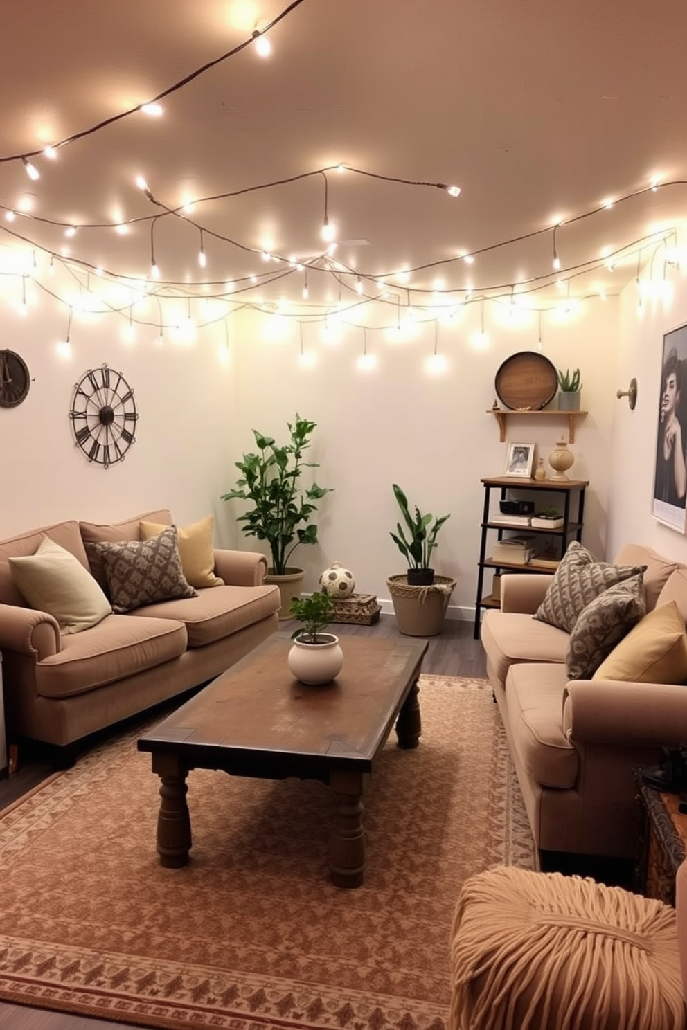 A cozy basement retreat featuring rustic wood accents throughout the space. Exposed wooden beams line the ceiling, while reclaimed wood panels adorn the walls, creating a warm and inviting atmosphere. A plush sectional sofa sits atop a soft area rug, surrounded by vintage wooden coffee tables. Soft lighting fixtures with a warm glow illuminate the space, enhancing the rustic charm and comfort.