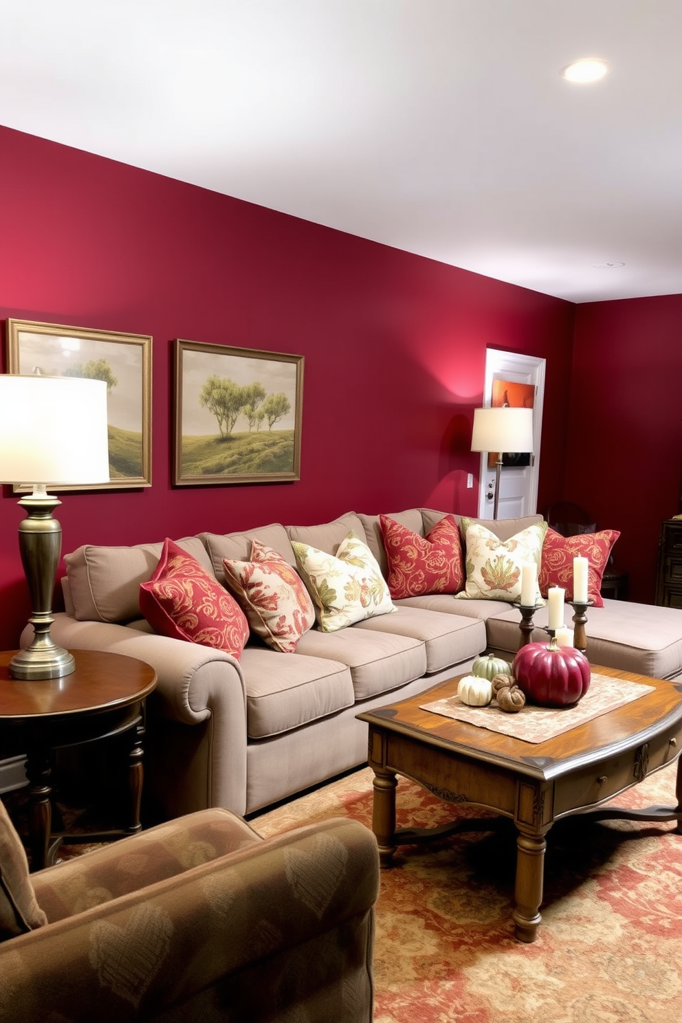 Decorative pillows in warm fall patterns are arranged on a plush sectional sofa in a cozy basement living area. The walls are painted in a rich burgundy hue, and a soft area rug with autumnal colors anchors the space. Surrounding the sofa, a mix of wooden side tables and a vintage coffee table hold seasonal decor items like small pumpkins and candles. Soft lighting from stylish floor lamps creates an inviting atmosphere perfect for gatherings or quiet evenings.