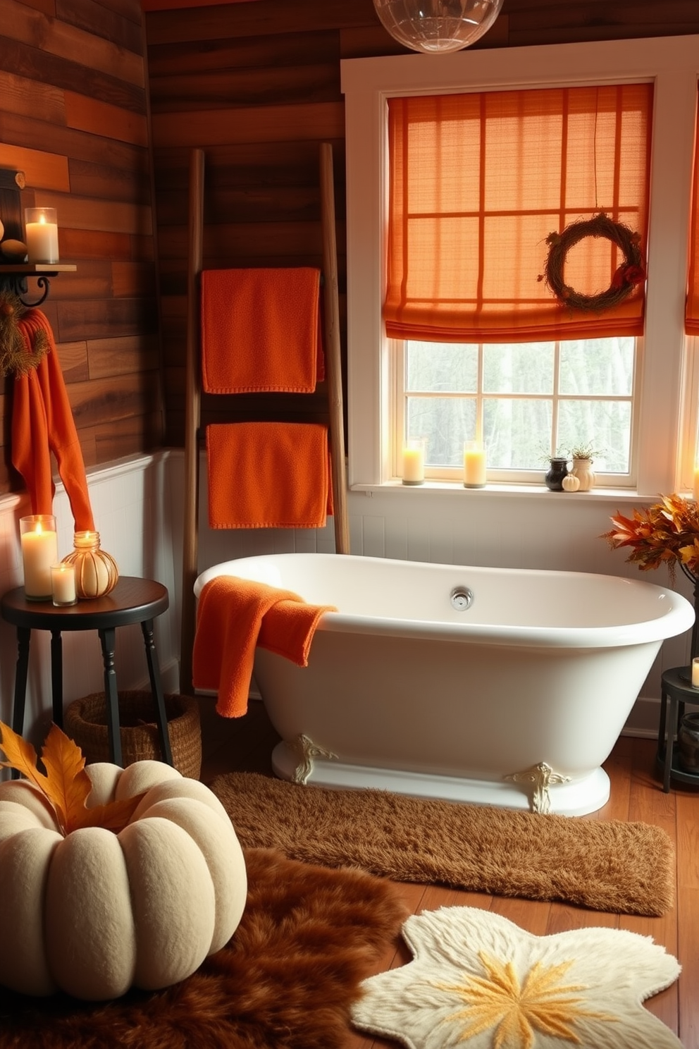 A cozy bathroom setting featuring warm plaid towels neatly hung on a wooden towel rack. The decor includes autumn-themed accents like small pumpkins and dried leaves on the countertop, enhancing the fall ambiance.