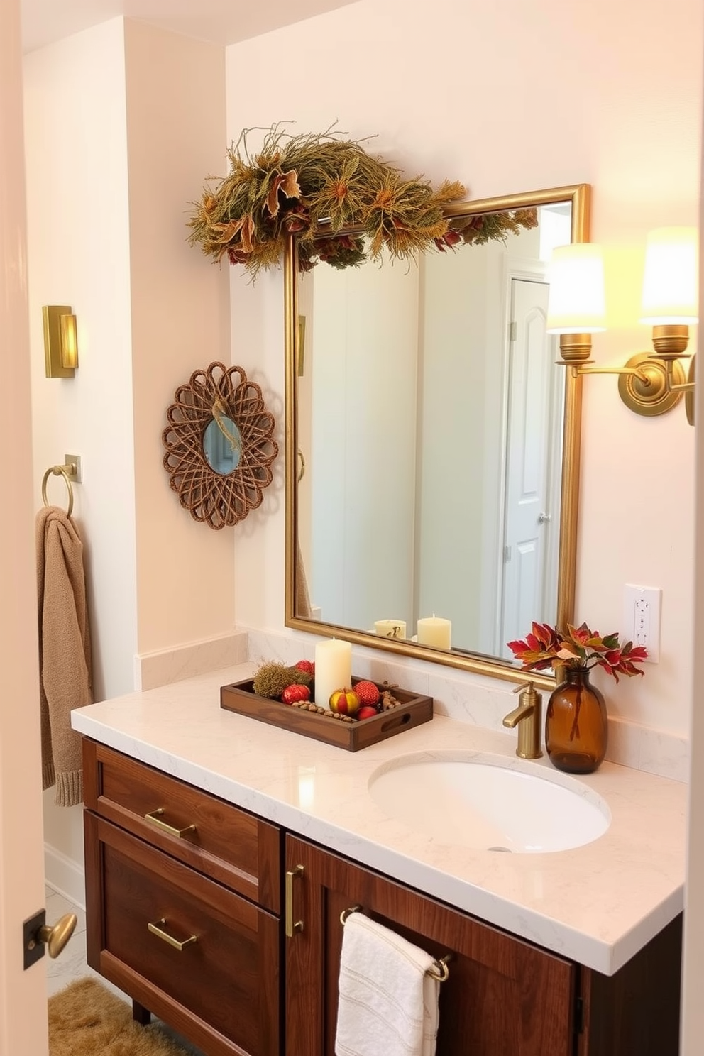 A cozy fall bathroom setting illuminated by warm golden lighting fixtures. The walls are adorned with rich autumn hues, and decorative elements like small pumpkins and fall foliage are thoughtfully placed throughout the space.