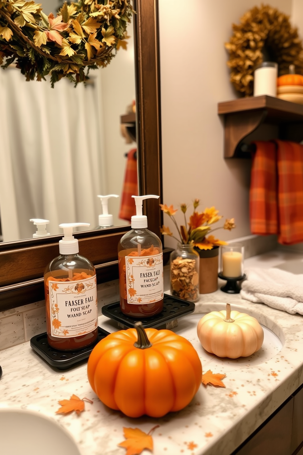 A cozy bathroom setting adorned with seasonal hand soap featuring warm fall scents. The decor includes rich autumn colors such as deep oranges and browns, complemented by small pumpkins and rustic candles placed on the countertop.