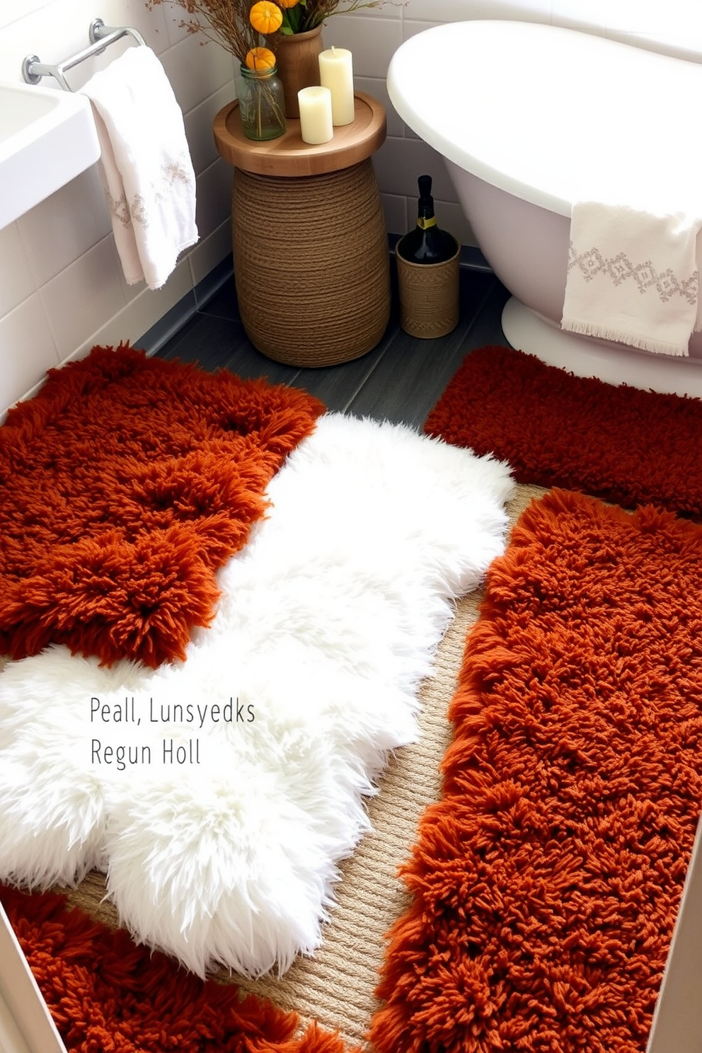 Layered rugs in rich textures and warm colors create a cozy atmosphere in the fall bathroom. Soft, plush rugs are placed over a larger jute rug to enhance comfort and style. Autumn-themed decorations are incorporated with accents like small pumpkins and scented candles. The color palette features deep oranges, browns, and muted greens to reflect the seasonal transition.