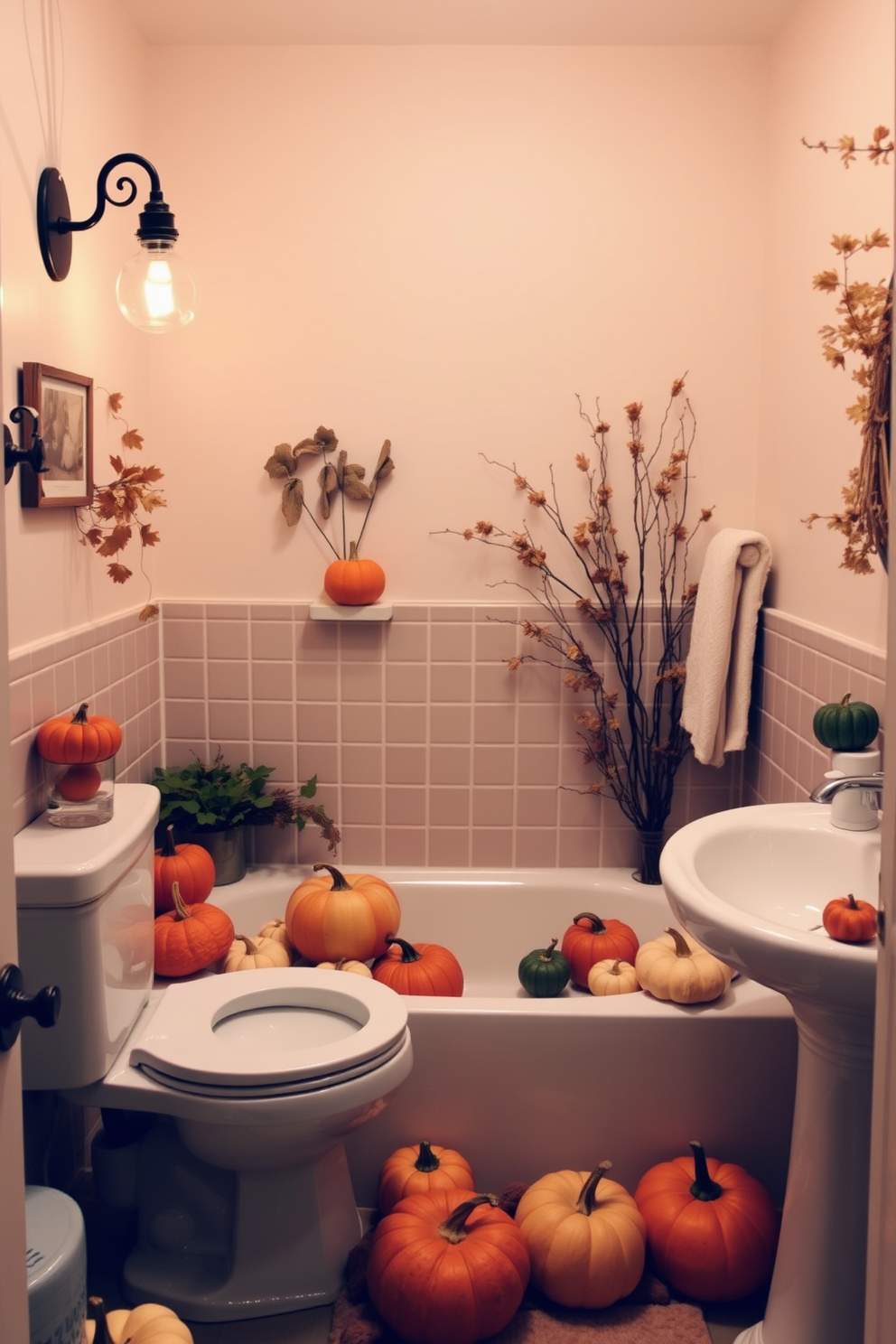 A cozy bathroom adorned with decorative pumpkins in various sizes scattered around the space. The pumpkins are in shades of orange, white, and green, creating a warm autumn ambiance.