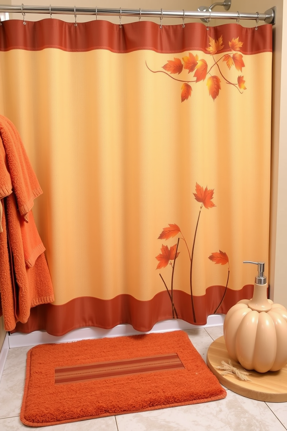 A cozy autumn-themed bathroom accessories set featuring warm-toned towels and a decorative shower curtain adorned with leaves. A wooden bath mat complements the decor, while a ceramic soap dispenser and a pumpkin-shaped candle add seasonal charm.