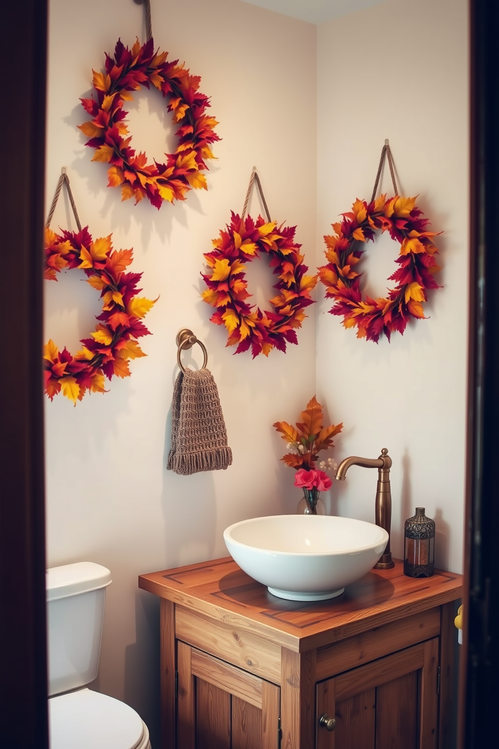 Festive wall hooks designed to hold seasonal accessories are arranged in a charming entryway. Each hook features unique designs such as pumpkins and leaves, adding a playful touch to the space. In the fall-themed bathroom, warm tones of orange and brown create a cozy atmosphere. Decorative elements like small pumpkins and autumn leaves are placed on the countertop and shelves, enhancing the seasonal decor.