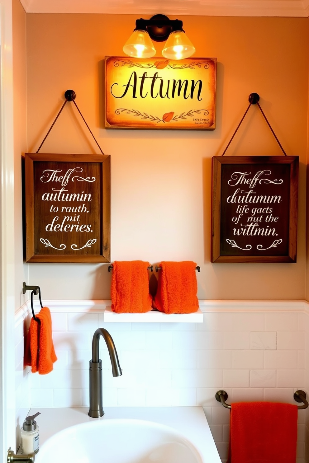 Hanging signs adorned with autumn quotes create a warm and inviting atmosphere in the bathroom. The signs feature rustic wooden frames and elegant typography, complementing the seasonal decor. Soft, warm lighting enhances the cozy feel of the space. Accents of orange and gold in the towels and accessories echo the autumn theme, making the bathroom a perfect retreat.