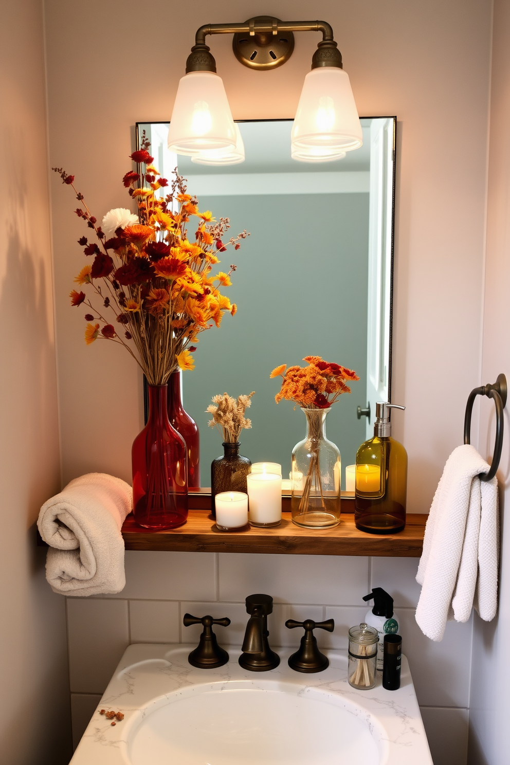 A cozy fall bathroom setting featuring colored glass vases filled with dried flowers in warm autumn hues. The vases are placed on a wooden shelf above a rustic sink, surrounded by soft, neutral-toned towels and candles that create a warm ambiance.