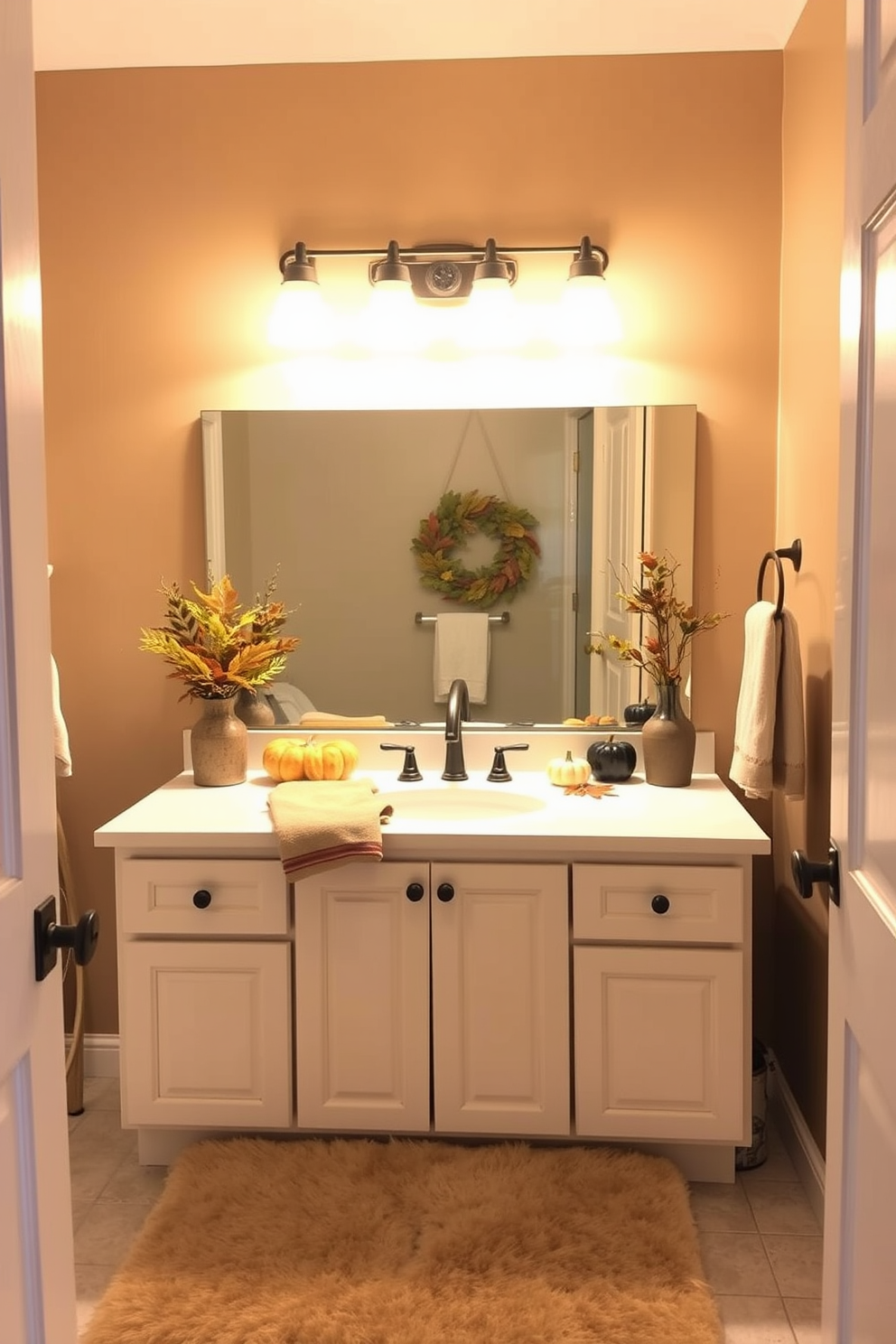 A cozy fall bathroom setting illuminated by soft lighting with warm-toned bulbs. The space features seasonal decorations like small pumpkins and autumn leaves arranged on the countertop. The walls are painted in a warm taupe color, creating a welcoming atmosphere. A plush beige rug is placed in front of the sink, adding comfort and style to the design.