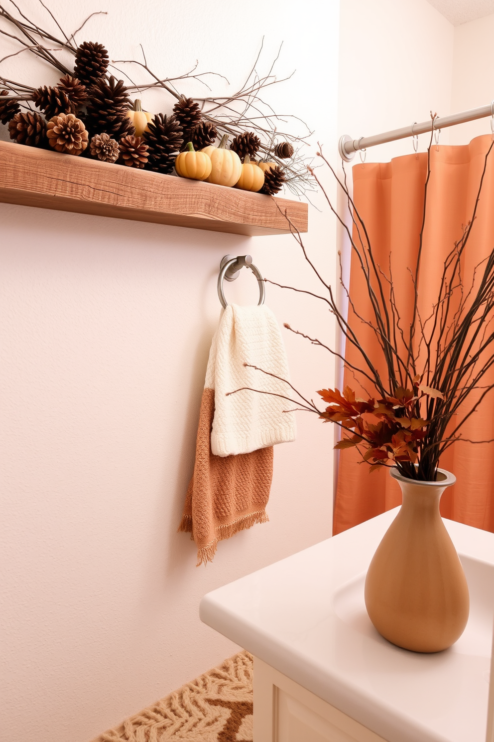 Seasonal potpourri fills decorative bowls placed on a rustic wooden shelf. The warm hues of orange, red, and gold create a cozy ambiance, complementing the autumn-themed decorations throughout the space. A chic bathroom features a soft beige color palette with touches of deep burgundy. Elegant candles and small pumpkins are artfully arranged around the sink, enhancing the seasonal charm.