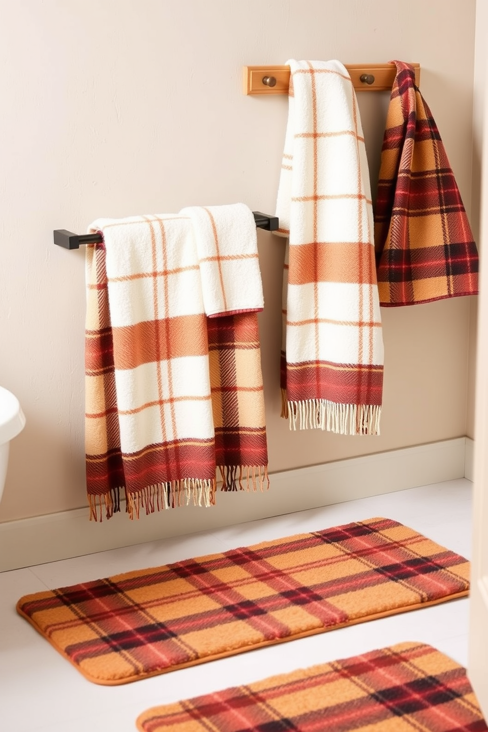 Cozy plaid towels and bath mats in warm autumn colors create a welcoming atmosphere in the bathroom. The towels are neatly hung on a wooden rack, while the bath mats add a touch of comfort underfoot against a backdrop of soft, neutral wall paint.