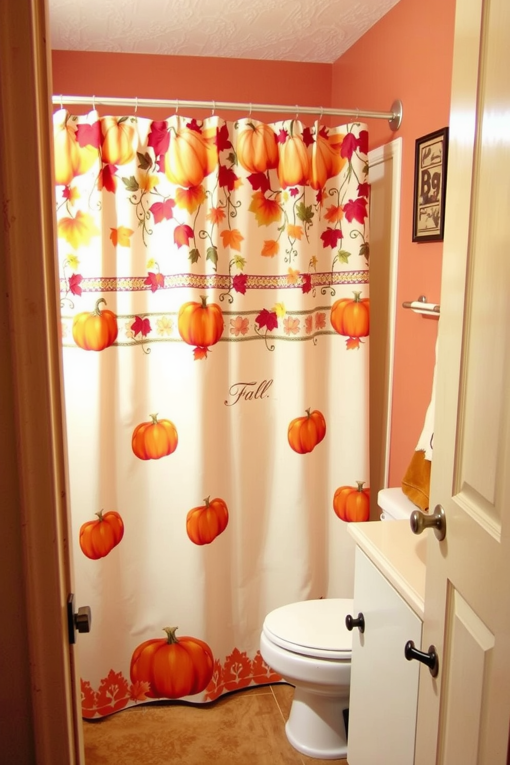 A cozy bathroom adorned with a seasonal shower curtain featuring vibrant fall motifs. The space includes warm tones, with pumpkin and leaf designs that bring the essence of autumn indoors.