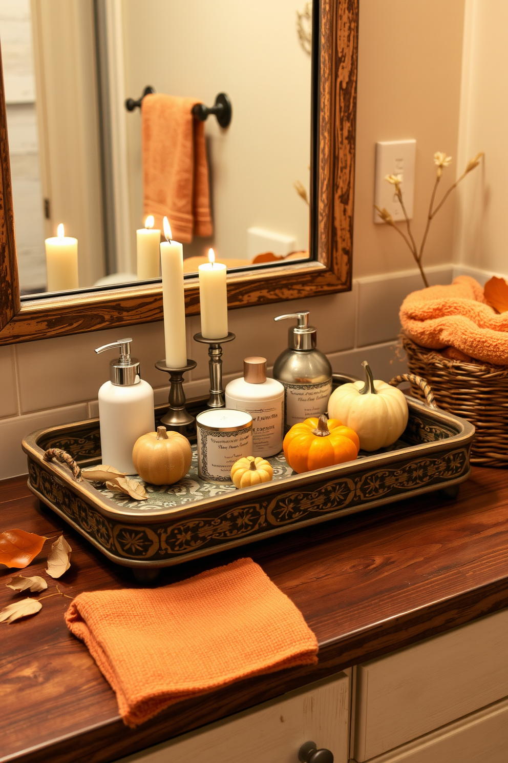 A charming vintage tray is placed on a rustic wooden countertop, elegantly displaying neatly arranged toiletries and scented candles. The tray's intricate patterns complement the warm autumn colors of the bathroom decor, featuring soft orange and yellow accents. Incorporate seasonal elements like small pumpkins and dried leaves around the tray to enhance the fall theme. A cozy, woven basket sits nearby, holding plush towels in earthy tones, adding texture and warmth to the space.