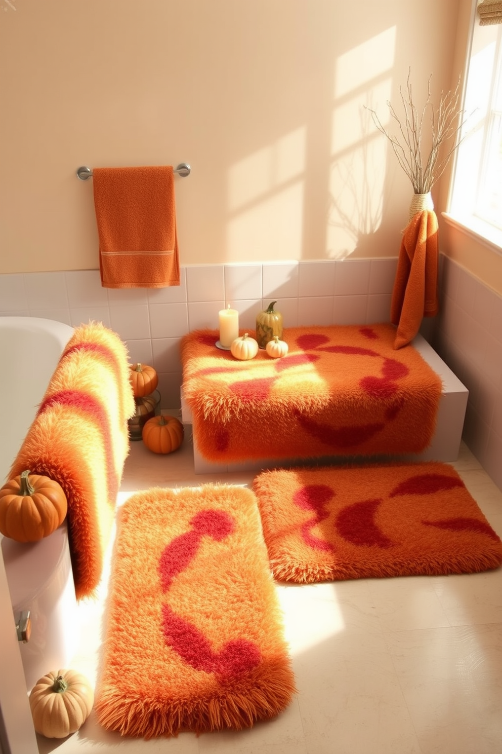 A cozy bathroom adorned with seasonal rugs featuring intricate leaf patterns in warm autumn hues. The walls are painted a soft beige, and a wooden bench is placed near the window, showcasing decorative pumpkins and candles.