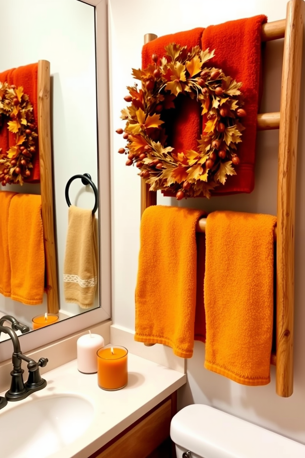 A cozy fall bathroom setting featuring plush towels in warm autumn hues such as burnt orange, deep red, and mustard yellow. The towels are neatly arranged on a wooden ladder rack, enhancing the rustic charm of the space. Pumpkin and spice scented candles are placed on the countertop, creating a welcoming atmosphere. A decorative autumn wreath made of dried leaves and berries adorns the mirror, adding a seasonal touch.